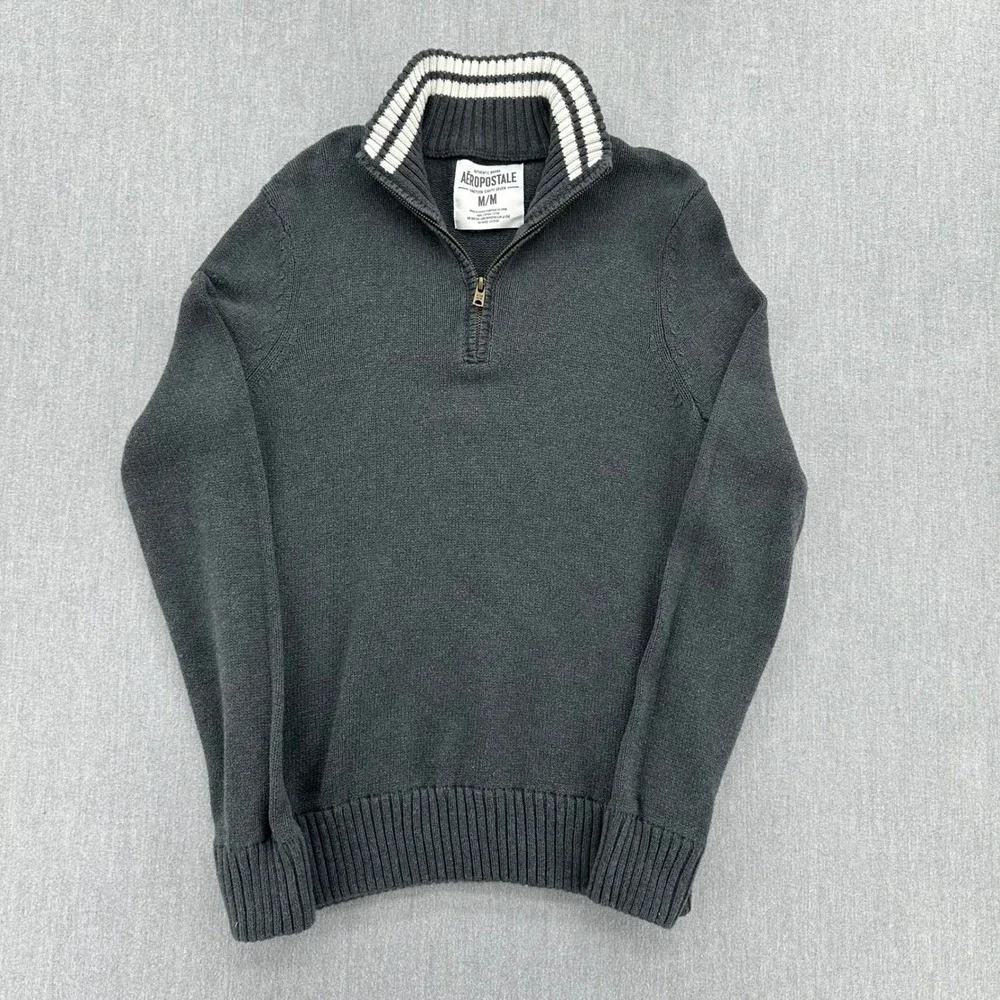 Aeropostale Quarter Zip Men's Medium Pullover Sweater Dark Gray‎ Cotton Collar